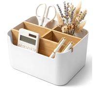 Cozary Organisateur de Bureau avec Cloisons Amovibles - Pot à Crayon Multifonction en ABS et Bambou pour Rangement Bureau