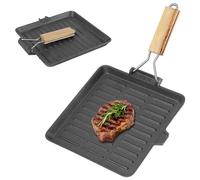 COZHEYSS Poêle à Steak/Gril en Fonte avec Poignée en Bois Pliable, 24 x 24 cm, Compatible Induction, Forme Carrée, Facile à Nettoyer, Convient à Tous les Feux, y Compris l'induction.