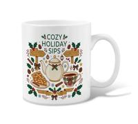 Cozy Holiday Sips Théière de Noël en céramique 325 ml | Thème d'hiver confortable, tasse à thé, décoration de cuisine festive, illustration de théière et de tarte