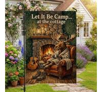 Cozy Moose Cabin Retreat Drapeau de jardin rustique 30,5 x 45,7 cm | Thème cabine confortable, drapeau de pelouse, décoration de forêt rustique, illustration de cheminée, accessoire de guitare