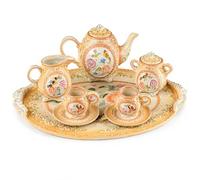 cozydiscount Service à Thé Miniature en Porcelaine Rose Orangé avec Plateau 15 x 10,5 cm - Théière, Pot à Lait, Sucrier, 2 Tasses avec Soucoupes - Bibelot Décoratif Vintage