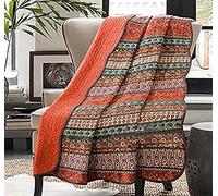 Cozyholy Couvre-lit bohème pour lit Simple 100% Coton, Couvre-lit matelassé coloré à Rayures bohèmes réversibles et légères, Couverture de lit Vintage pour canapé et Sofa, Orange