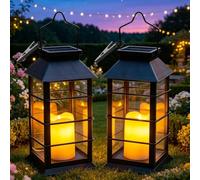 Cozymeow Lanterne Solaire Exterieur, 2 Pièces Suspension Lampe Solaire | Bougie LED Flamme Vacillante,IP44 Étanche Deco Jardin Exterieur pour Table Terrasse Funeraire Balcon Decoration, Noir