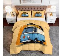 CozyRest Couette 140x200 cm Van aménagé Vintage Vacances Imprimée Été pour Lit 1 Personnes, Machine Couette sans Houss et 2 Taies d'oreiller 65x65 cm, Edredon Réversible Legere et Douce