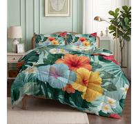 CozyRest Couette 160x200 cm Floral Hibiscus Jungle Feuilles de Palmier Imprimée 4 Saisons pour Lit 2 Personnes, Super Doux sans Houss et 2 Taies d'oreiller 65x65 cm- Style été hawaïen