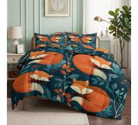 CozyRest Couette 240x260 cm Nordic Forêt Renard Roux Imprimée 4 Saisons pour Lit 2 Personnes, Super Doux sans Houss et 2 Taies d'oreiller 65x65 cm- Feuilles de Plantes d’Automne Bleu-Vert