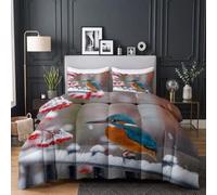 CozyRest Couette 4 Saisons - 2 Personnes Réversible Hypoallergénique, Légère 160x200 cm Hiver Martin-pêcheur Baies Rouges avec 2 tTaie d'oreiller Entretien Facile