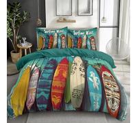 CozyRest Enfants Adulte Parure de Lit 180 x 200 cm Planche de Surf Palmiers Motif Housse de Couette Polycoton avec Fermeture Eclair, Turquoise Literie avec 2 Taies d'oreiller