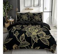 CozyRest Housse de Couette 220 x 240 cm avec 2 Taies d'oreiller 65x65 cm - Design Fleur Rose dorée - Parure de lit Adulte Enfant Moderne Impression - Housse Couette Set avec Fermetures éclair, Noir