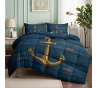 CozyRest Parure de lit Couette pour Enfants- Planche Bois Bleue Ancre Vintage dorée Couette sans Housse 160x200 cm - Reversible Côte Nautique Aventure, Doux Confortable Couette pour Allergiques