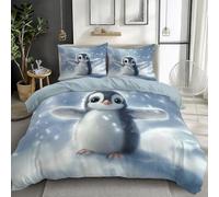 CozyRest Parure de Lit Dessin animé bébé Pingouin Mignon aux Grands Yeux Imprimé Housse de Couette avec 2 Taies d'oreiller Bleu-Gris Clair Réversible Literie en Microfibre, pour Enfants 140 x 200 cm