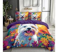 CozyRest Sets de Housse de Couettes Parure de lit Imprimé West Highland White Terrier Fleurs Violet Motif, pour 2 Personnes, 200 x 200 cm Microfibre Housse de Couette et 2 Taies D'Oreillers 65 x 65