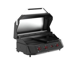 Cozze® G-800 COMBO Barbecue Gaz + Plancha 30 mbar, 3 brûleurs 9,5 kW, grille & plaque en fonte émaillée, 2 thermomètres numériques, cuisine en extérieur, Noir