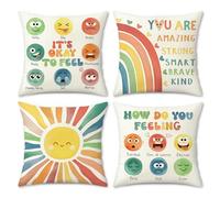 COZZSNUGE Housses de Coussin 45x45 cm Enfant Coin Apaisant, Lot de 4 Soleil Arc en Ciel Émotion Polyester Taie d'oreiller Decoratif pour ibliothèque Coin Lecture