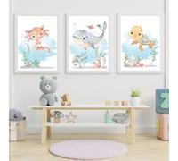 CPGG Lot de 3 Baleine Tortue Marine Animal Garderie Impressions Affiches Nordiques Art Mural Toile Peinture Photos Bébé Enfants Chambre Chambre Salle de Bains Decor-A4 (Sans Cadre)