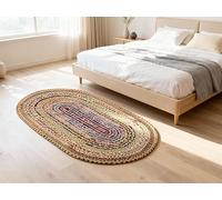 Craft Trade Multicolore Bohème Ovale Chindi Tapis en Jute Réversible Tressé Tapis de Chiffon Jute Lavable Tissé à la Main pour Cuisine Salon et Chambre - 90X150 cm