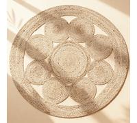 Craft Trade Naturel Bohème Rond Fleur Tapis en Jute Réversible Tressé Tapis de Jute Lavable Tissé à la Main Décor pour Cuisine Salon et Chambre - 120 cm