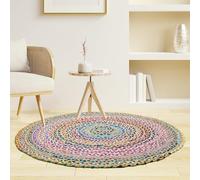 Craft Trade Tapis rond en jute Chindi tressé à la main en style Boho - Tapis réversible coloré pour décoration de la maison de style ferme - Convient pour la cuisine, le salon et la chambre - Rond
