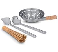 Craft Wok s/s Tools 732W324 Lot de 4 ustensiles de cuisine traditionnels asiatiques : louche, spatule, passoire, brosse en bambou