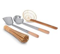 Craft Wok Tools 732W9 Lot de 4 ustensiles de cuisine traditionnels asiatiques avec manche en bois Louche, spatule, passoire, brosse en bambou