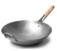 Craft Wok Wok traditionnel en acier carbone martelé à la main avec poignée auxiliaire en bois et acier (diamètre 35,6 cm, fond rond)/731W88