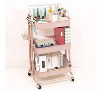 Craftelier Chariot de rangement organiseur 3 plateaux, 4 roues métalliques rotatives avec freins, rose