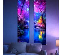 CRAFTYMELODY 2 paquet de Tapisserie Forêt Cascade Lumière Noire Phosphorescente Tapisserie UV Réactive Paysage Tenture Murale 12.9 × 15.1 pouces avec Corde