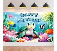 CRAFTYMELODY Bannière Joyeuse Anniversaire Sous-Marine Océan 183×112 cm Décoration Murale Thème Océan pour Fête Intérieur Extérieur