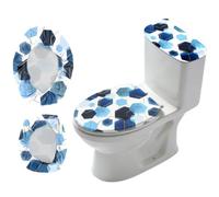 CRAFTYMELODY Lot de 2 housses extensibles pour abattant de toilette et réservoir géométriques hexagonaux - Bleu - Housses de siège de toilette modernes - Lavable en machine - Convient aux ronds