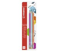 Crayon graphite HB - STABILO pencil 160 - Pack de 3 crayons graphite HB avec bout gomme - Rose/Bleu clair/Orange