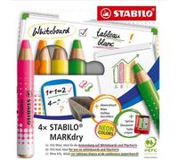 STABILO MARKdry - Crayon Marqueur pour Tableau Blanc et Paperboard - Lot de 4 - Couleurs Néon Assorties avec Taille-crayon et Chiffon d'Essuyage