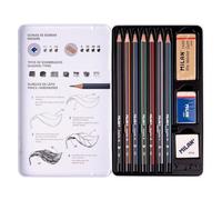 MILAN® Lot de 7 crayons à papier graphite (2H, HB, B, 2B, 4B, 6B) avec 2 gommes et taille-crayons dans un étui métallique