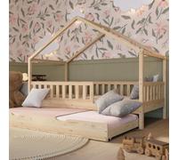 Crazy Pine Cabane avec Tiroir Fonction Couchage 190x100 cm - pour Enfant en Bois Naturel avec Barrière - Lit Montessori avec tiroir avec Fonction Couchage et Barrière Amovible - Crazy House