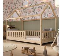 Crazy Pine Cabane Lit 200x140 cm - Enfant en Bois Naturel avec Barrière - Design Scandinave, Montessori au Sol avec Pieds Réglables en Hauteur - Crazy Blanco