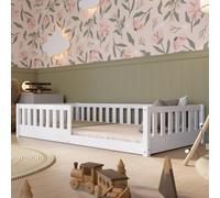 Crazy Pine Crazy Basic - Lit de sol Montessori en bois massif blanc avec protection anti-chute - Lit sûr pour enfant - Design scandinave - Montage facile - 80 x 160 cm