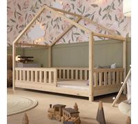 Crazy Pine Crazy House - Lit d'intérieur 100 x 190 cm - En bois naturel avec protection anti-chute - Lit de sol Montessori avec pieds réglables en hauteur et barrière amovible