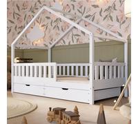 Crazy Pine Lit cabane avec tiroirs 140x200 cm - Lit d'enfant en blanc - Lit au sol avec espace de rangement et barrière amovible - Crazy House
