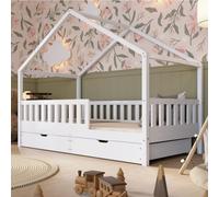 Crazy Pine Lit Cabane avec Tiroirs 160x80 cm - pour Enfant en Bois Blanc avec Barrière - Montessori au Sol avec Espace de Rangement Supplémentaire et Barrière Amovible - Crazy House