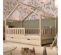 Crazy Pine Lit Cabane avec Tiroirs 200x100 cm - pour Enfant en Bois Naturel avec Barrière - Montessori au Sol avec Espace de Rangement Supplémentaire et Barrière Amovible - Crazy House