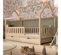 Crazy Pine Lit Cabane avec tiroirs Montessori Crazy Blanco 90x200 cm Nature | Pieds réglables en hauteur 6,7 ou 19,5 cm - pour adapter le lit et gagner en rangement sous le cadre.
