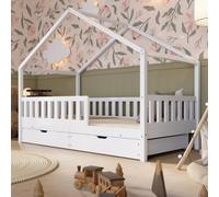 Crazy Pine Lit Cabane avec Tiroirs Montessori Crazy House 90x190 cm Blanc