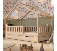 Crazy Pine Lit Cabane avec Tiroirs Montessori Crazy House 90x190 cm Nature | Deux tiroirs spacieux (95x90x19 cm) offrent un rangement pratique pour jouets, vêtements et linge de lit.