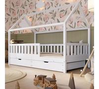 Crazy Pine Lit Cabane Montessori avec tiroirs Crazy Blanco 140x200 cm Blanc | Deux tiroirs spacieux (100x90x19 cm) offrent un rangement pratique pour jouets, vêtements et linge de lit.