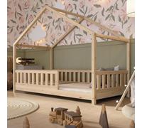 Crazy Pine Lit de maison 140x200 cm - Lit d'enfant en bois naturel - Lit au sol avec pieds réglables en hauteur et barrière amovible - Crazy House