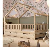 Crazy Pine Lit de maison avec tiroirs 140x200 cm - Lit d'enfant en bois naturel - Lit au sol avec espace de rangement et barrière amovible - Crazy House