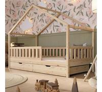 Crazy Pine Lit de maison avec tiroirs 90x200 cm - Lit d'enfant en bois naturel - Lit au sol avec espace de rangement et barrière amovible - Crazy House