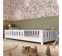 Crazy Pine Lit d'enfant 100 x 190 cm, lit de sol Montessori blanc, avec protection anti-chute, en MDF, lit sûr, pour enfant avec bords arrondis, entrée à droite, montage facile, Crazy Ethan