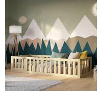 Crazy Pine Lit d'enfant 90x190 cm - Bois naturel - Lit au sol Montessori avec protection antichute 40cm et barrière ouvrable - Crazy Johnny