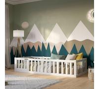 Crazy Pine Lit d'enfant 90x200 cm - Blanc - Lit au sol Montessori avec protection antichute 40cm et barrière ouvrable - Crazy Johnny