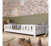 Crazy Pine Lit enfant 160 x 80 cm - Lit Montessori à sol blanc avec barrière en MDF - Sans danger pour les petits enfants avec bords arrondis - Entrée centrale - Crazy Ethan
